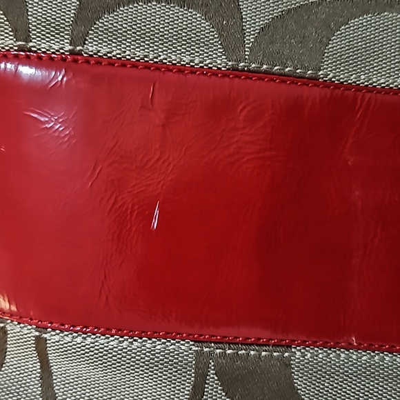 Coach Purse: Beige Signature Canvas + Red Patent Leather, Authentic Zipped Tote - Picture 13 of 13